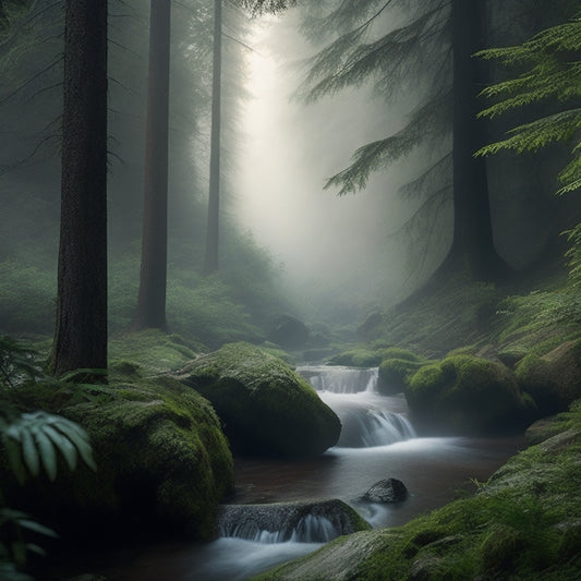 A serene, misty forest scene with lush greenery, a natural waterfall, and a subtle, translucent mist rising from the ground, evoking a sense of refreshing, eco-friendly cooling.