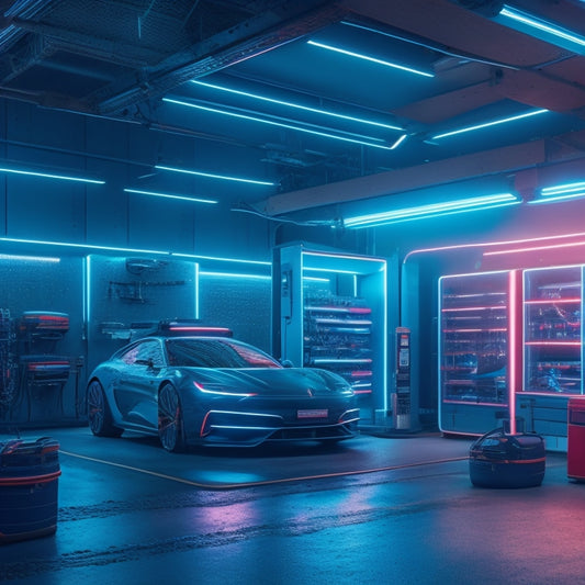 A futuristic, high-tech garage with electric vehicles, toolboxes, and diagnostic equipment, surrounded by neon-lit workstations, with a large, sleek EV charging station in the center.