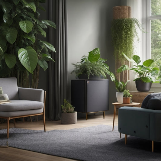 A serene living room with lush green plants, a smart thermostat, and an air purifier in the background, surrounded by a subtle green glow, conveying a sense of freshness and eco-friendliness.