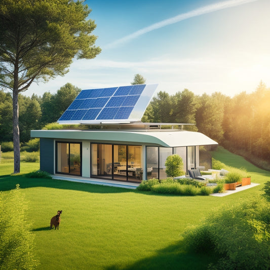 A serene, modern eco-home surrounded by lush greenery, with a rooftop solar panel array, a wind turbine, and a sleek, futuristic HVAC unit, set against a sunny, cloudless blue sky.