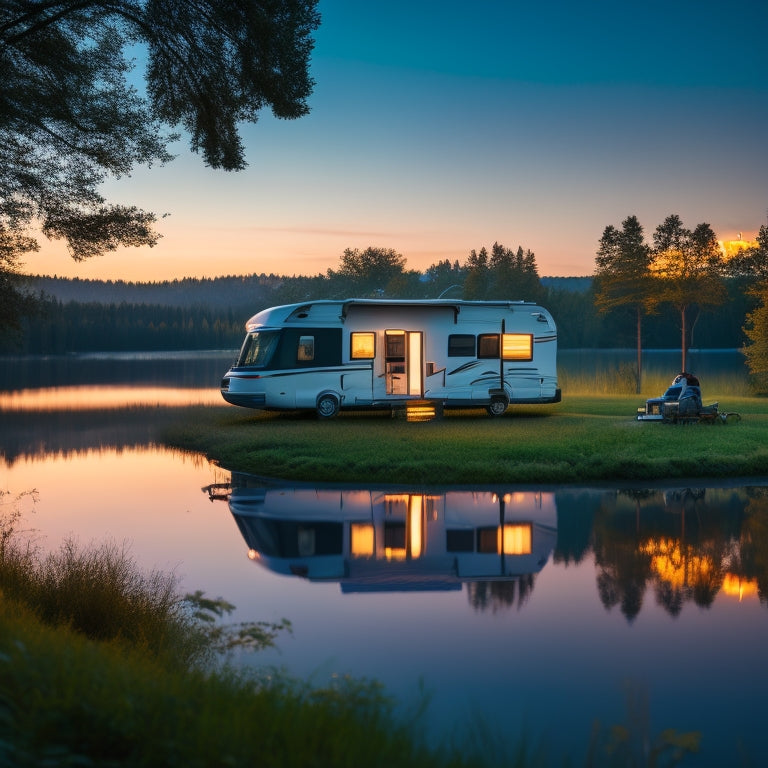 A serene lakeside campsite at dusk with a motorhome in the foreground, its interior lights aglow, and a subtle glow emanating from the inverter system, surrounded by lush greenery and a calm lake reflection.