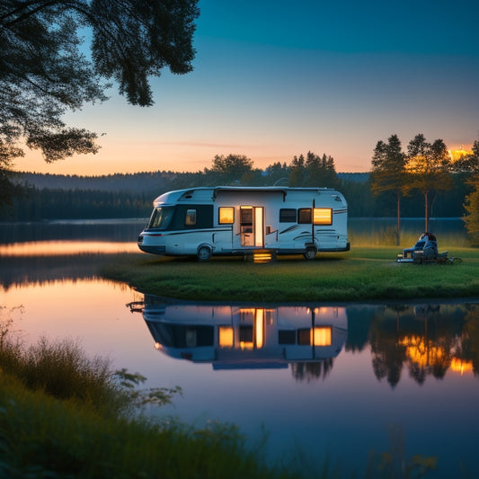 A serene lakeside campsite at dusk with a motorhome in the foreground, its interior lights aglow, and a subtle glow emanating from the inverter system, surrounded by lush greenery and a calm lake reflection.
