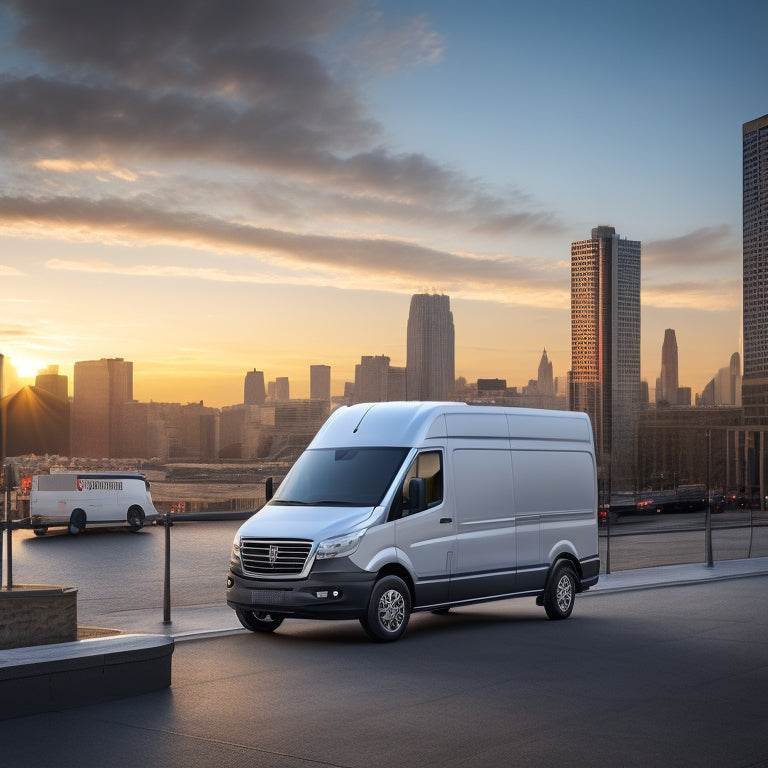 A photorealistic illustration of a white commercial van with a sleek, high-gloss finish, parked in a modern cityscape at sunset, with a sleek, black solar panel kit installed on its roof.