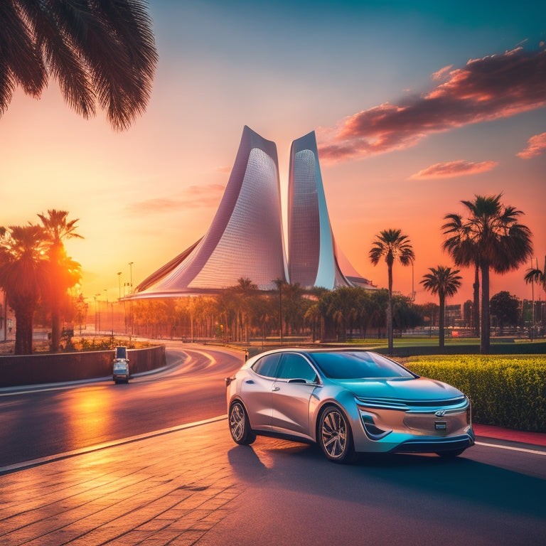 A futuristic cityscape of Valencia at sunset with sleek, silver Chevrolet electric cars zooming past modern architecture, surrounded by lush greenery and a vibrant, neon-lit atmosphere.