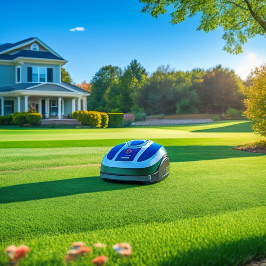 A serene suburban lawn with a robotic mower navigating around a curved flowerbed, surrounded by vibrant green grass and a few scattered leaves, under a clear blue sky with a few wispy clouds.