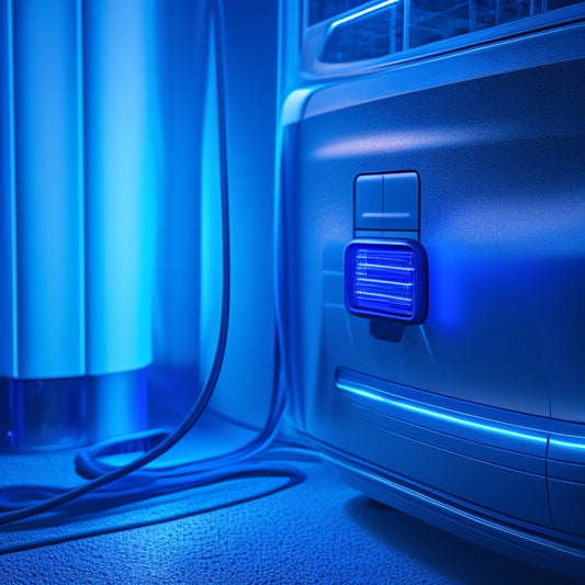 An electric vehicle plugged into a charging station with a bright, glowing blue cord, set against a dark blue background with subtle, swirling patterns resembling electric circuits.