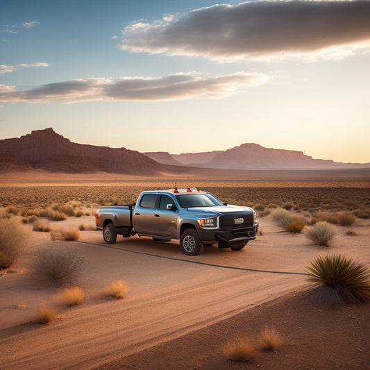 A serene desert landscape with a parked truck, its roof and hood mounted with sleek, black solar panels, connected to a battery and inverter inside the truck bed.