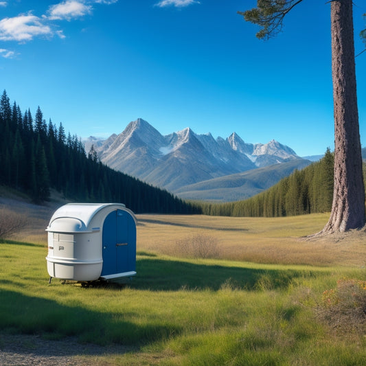 A serene wilderness scene: a sleek, modern composting toilet nestled among trees, adjacent to a camper van, with a majestic mountain range in the background, under a bright blue sky with a few wispy clouds.