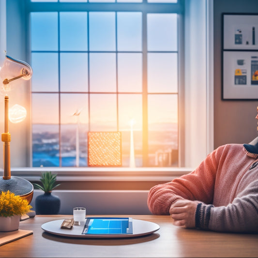 An illustration of a person holding a tablet, standing in a cozy living room with a thermometer and a lightbulb in the background, surrounded by mini icons of solar panels and wind turbines.