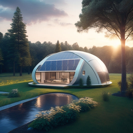 A futuristic home exterior with sleek, silver solar panels and a wind turbine, surrounded by lush greenery, with a subtle glow emanating from the windows, indicating efficient energy usage.