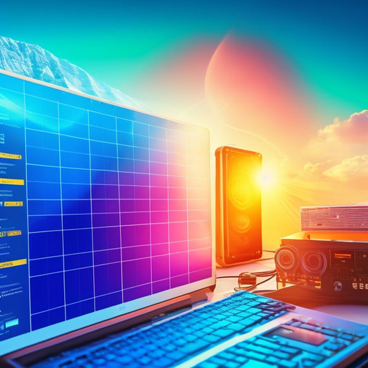 A futuristic illustration depicting a laptop screen showcasing a solar panel installation, surrounded by icons of megaphones, charts, and lightbulbs, set against a bright blue background with subtle sun rays.