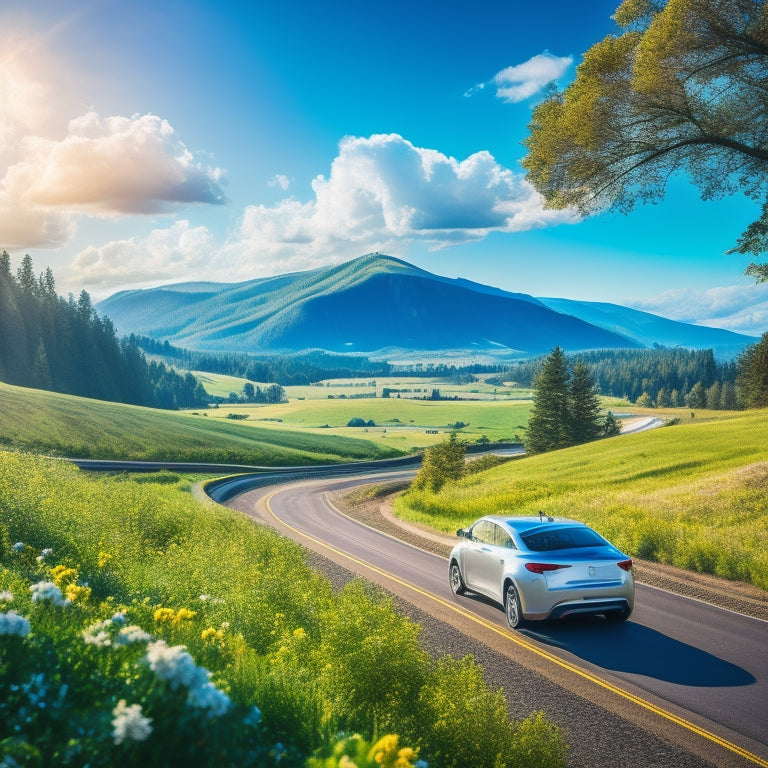 A scenic illustration of the Oregon countryside with a winding road, showcasing a sleek electric vehicle in the foreground, surrounded by lush greenery and a bright blue sky with fluffy white clouds.