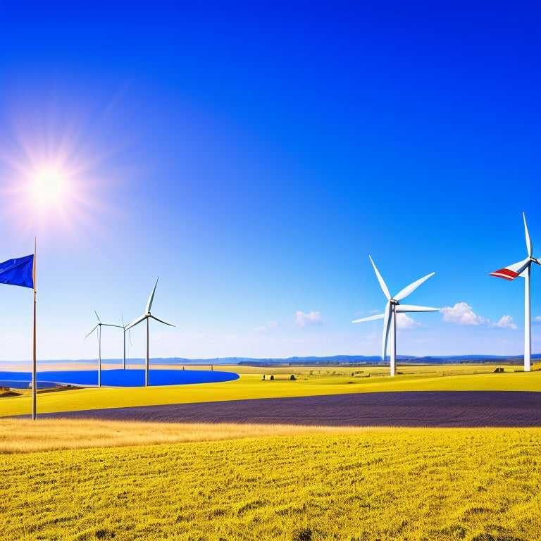 A futuristic illustration of the European Union's landscape with electric vehicles, wind turbines, and solar panels, set against a bright blue sky with a subtle EU flag pattern in the background.