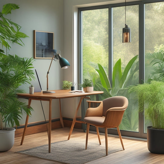 A serene office scene with a bamboo desk, ergonomic chair, and floor lamp, surrounded by lush green plants, natural light, and a subtle wood-grain accent wall.