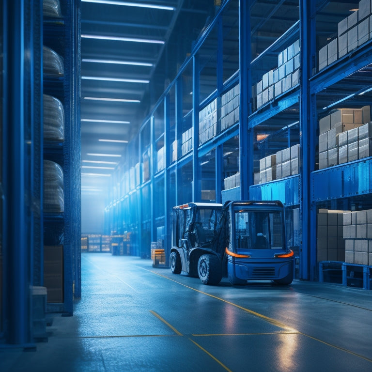 A futuristic, well-lit warehouse with rows of shelves and forklifts in motion, powered by sleek, silver lead batteries with glowing blue accents, amidst a backdrop of cityscape and greenery.