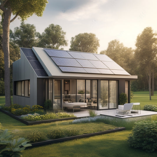 A futuristic smart home exterior with sleek solar panels on the roof, surrounded by a lush green garden, with a subtle grid of circuitry and wires visible beneath the panels.