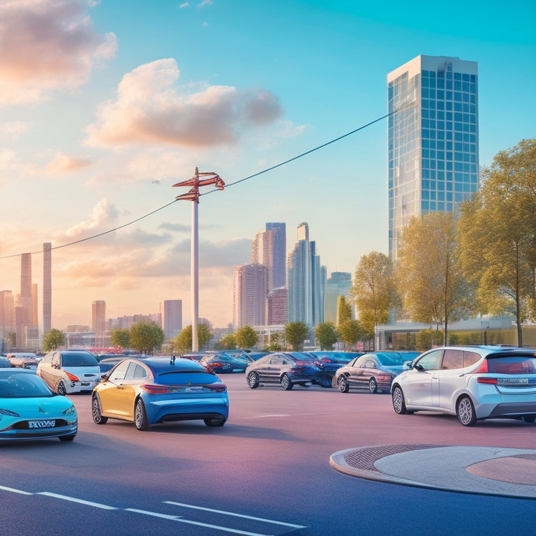 An illustration of a cityscape with multiple electric vehicles parked alongside a variety of commercial EV charging stations, each with distinct designs and features.