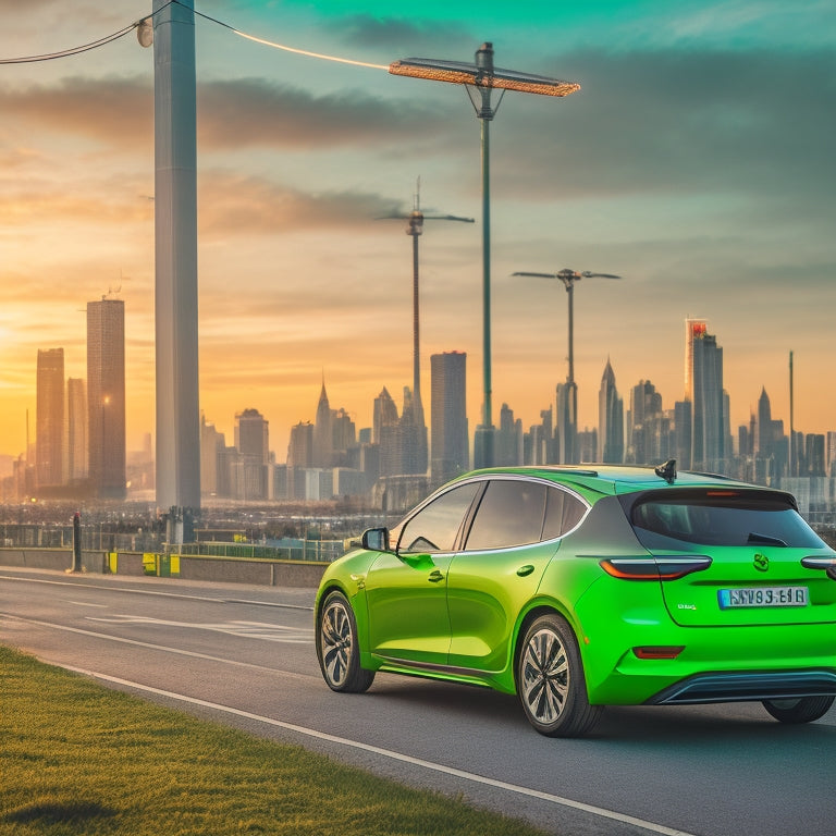 A bright green electric vehicle parked in front of a blurred cityscape at sunset, with a faint grid of charging stations and roads in the background, surrounded by faint, glowing green accents.