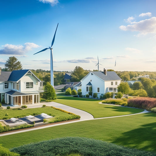 A serene suburban landscape with three identical modern homes, each with a wind turbine of varying height (10m, 20m, 30m) installed, amidst lush greenery and a clear blue sky.