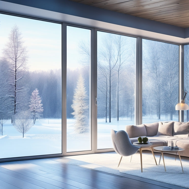 An illustration of a modern, eco-friendly home with large, transparent aerogel windows showcasing a blurred, snowy winter landscape outside and a warm, cozy living room interior with minimal furniture and plenty of natural light.