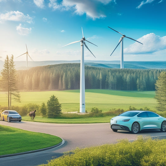 A futuristic illustration depicting a fleet of electric vehicles parked in front of a large, modern wind turbine, with solar panels and a green forest in the background.