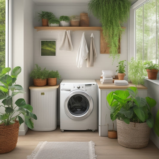 A serene, eco-friendly laundry room with a washer and dryer adorned with vines, surrounded by potted plants, and a minimalist wooden shelf displaying refillable glass cleaning bottles with natural labels.