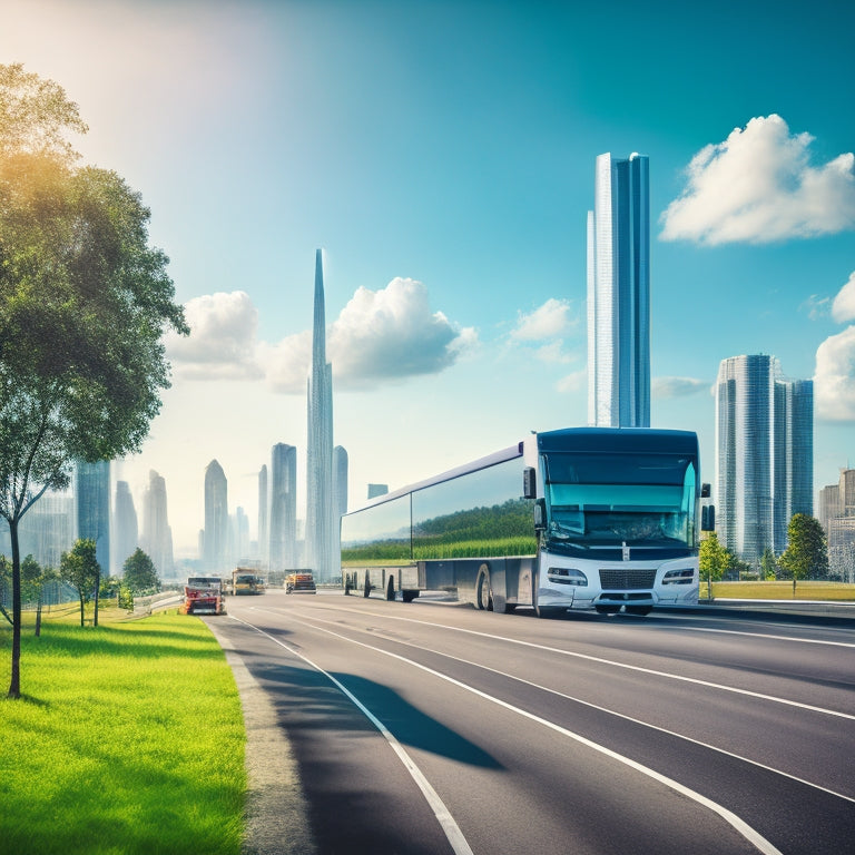 A futuristic cityscape with sleek, electric trucks and buses moving along a highway lined with greenery, surrounded by towering skyscrapers and a bright blue sky with a few wispy clouds.