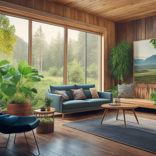 A serene living room scene with a sleek, minimalist wooden coffee table and a reclaimed wood accent wall, surrounded by lush greenery, with a partially visible electric vehicle parked outside through a large window.