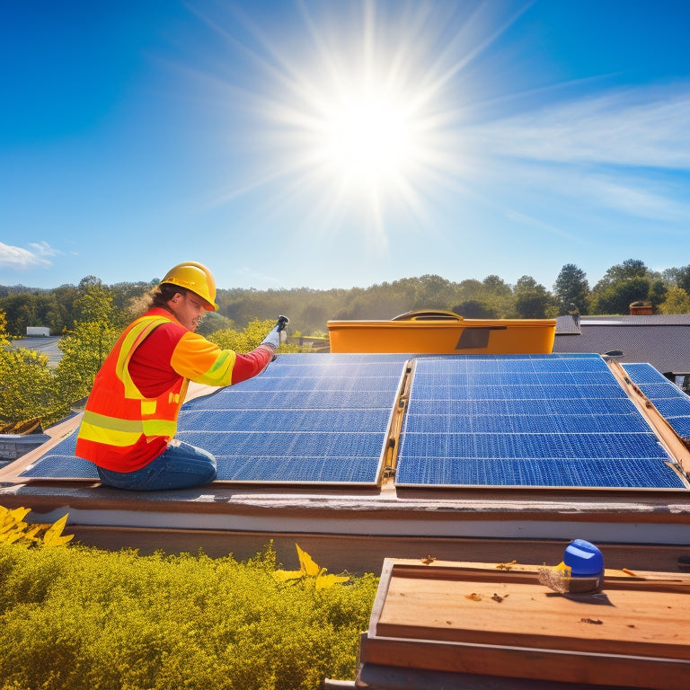 A sunny rooftop with solar panels, a toolbox, and a homeowner in the background, wearing a yellow hard hat and holding a soft-brush cleaning tool, surrounded by scattered leaves and debris.