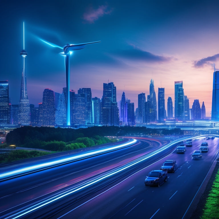 A futuristic cityscape at dusk with sleek, aerodynamic electric vehicles zipping by, their LED lights glowing in shades of blue and green, amidst a backdrop of towering skyscrapers and wind turbines.