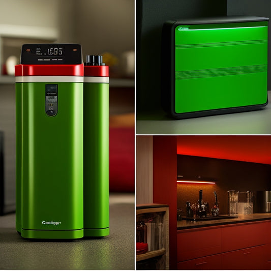 A split-screen image featuring a sleek, modern home battery system with a bright green LED indicator displaying a full charge, alongside a worn, outdated battery with a dim red LED indicator showing low power.
