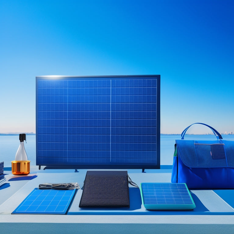 A bright blue background with a subtle grid pattern, featuring a large, modern, sleek solar panel in the center, surrounded by scattered shopping bags and a few laptops, with a faint cityscape in the distance.