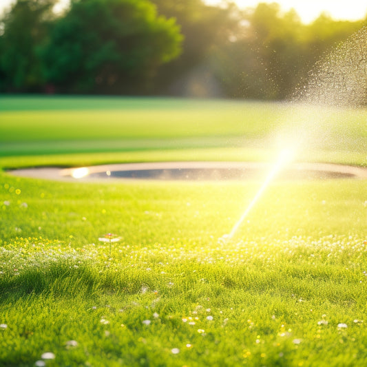 A serene, sun-lit lawn with lush green grass and vibrant wildflowers, surrounded by a few strategically placed energy-efficient sprinklers, with water droplets suspended in mid-air.