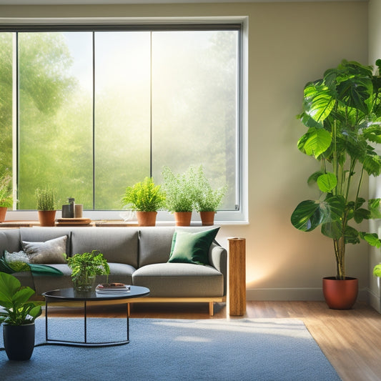 A modern living room with a large window, lush greenery, and a sleek thermostat on the wall displaying a subtle, glowing green leaf icon, surrounded by minimalist decor and soft, natural light.