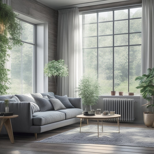 A cozy living room with large windows, solar-powered blinds in a soft gray tone, and a subtle ambient glow, surrounded by lush greenery and a sunny day outside.