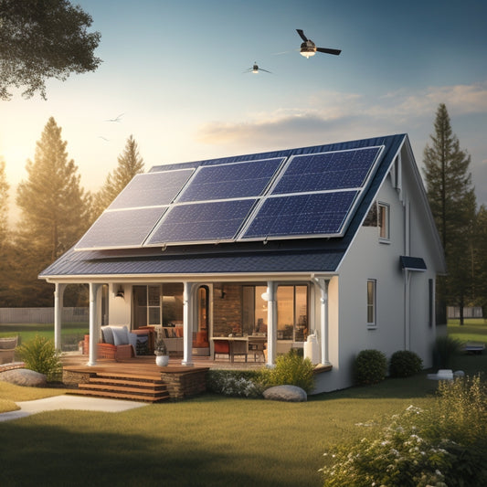 An illustration of a house with solar panels on the roof, connected to a central inverter, which is linked to a main electrical panel, and then to various outlets powering lamps, computers, and appliances.