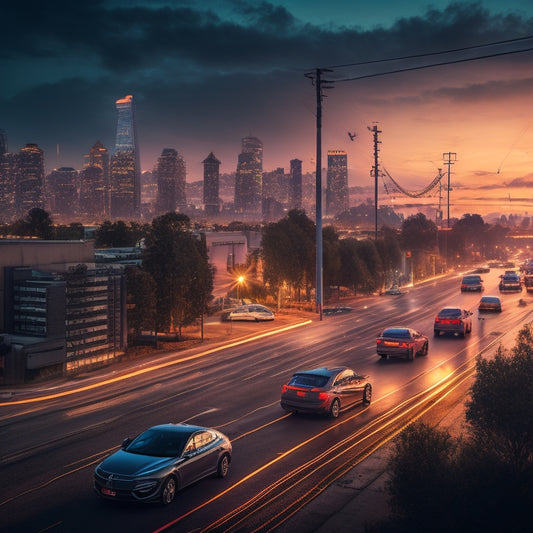 An illustration depicting a cityscape at dusk, with electric vehicles plugged into charging stations, surrounded by rising electricity meters and sparks flying out of power lines, amidst a backdrop of darkening city lights.