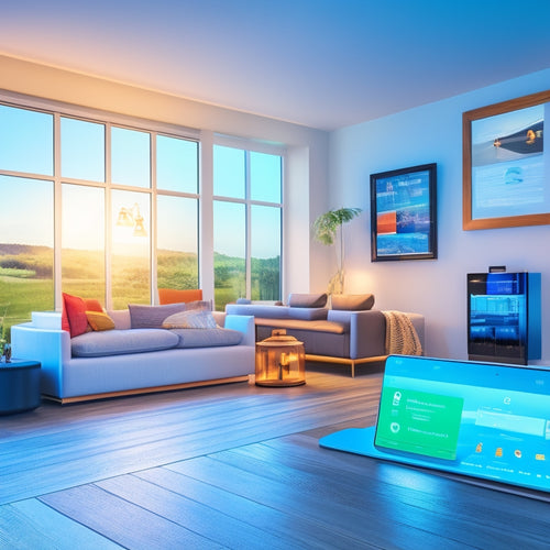 An illustration of a modern home with various smart devices and appliances connected to WiFi outlets, showcasing real-time energy usage data on a tablet or smartphone screen in the foreground.