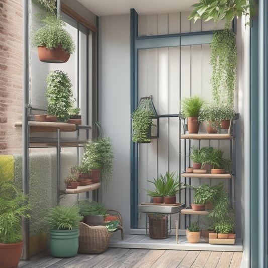 An illustration of a small urban balcony with a trellis-mounted succulent wall, a DIY hydroponic system, and a space-saving ladder bookshelf overflowing with potted plants and vines.