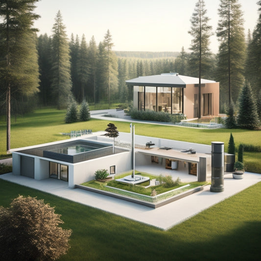 An illustration of a modern home with a subtle outline of the Earth in the background, showcasing a geothermal cooling system with pipes and a heat pump, surrounded by lush greenery and a serene atmosphere.