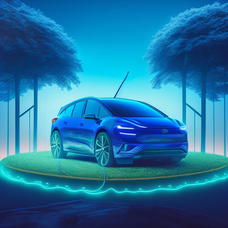 A futuristic, minimalist illustration featuring a stylized electric vehicle silhouette with glowing blue circuits and wires, surrounded by swirling green leaves and a subtle American flag pattern in the background.