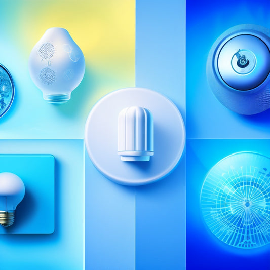 A minimalist illustration of various thermostat designs, surrounded by swirling energy-efficient symbols (e.g., leaves, stars, and light bulbs), set against a soft, gradient blue background.