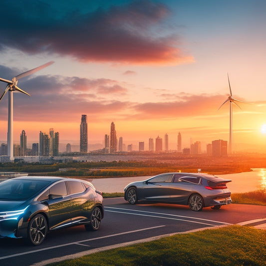 A futuristic cityscape at dusk with sleek, electric Honda vehicles in motion, surrounded by lush greenery, with wind turbines and solar panels in the background, under a bright blue sky.