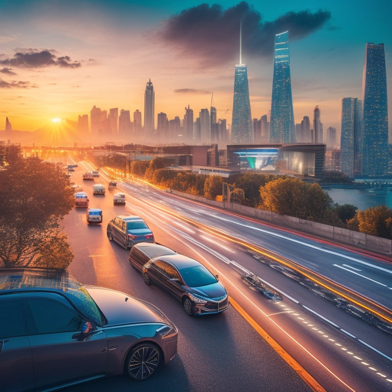 A futuristic cityscape at dusk with sleek electric vehicles zipping by, charging stations and solar panels integrated into the urban landscape, amidst a backdrop of rising graphs and circuit boards.