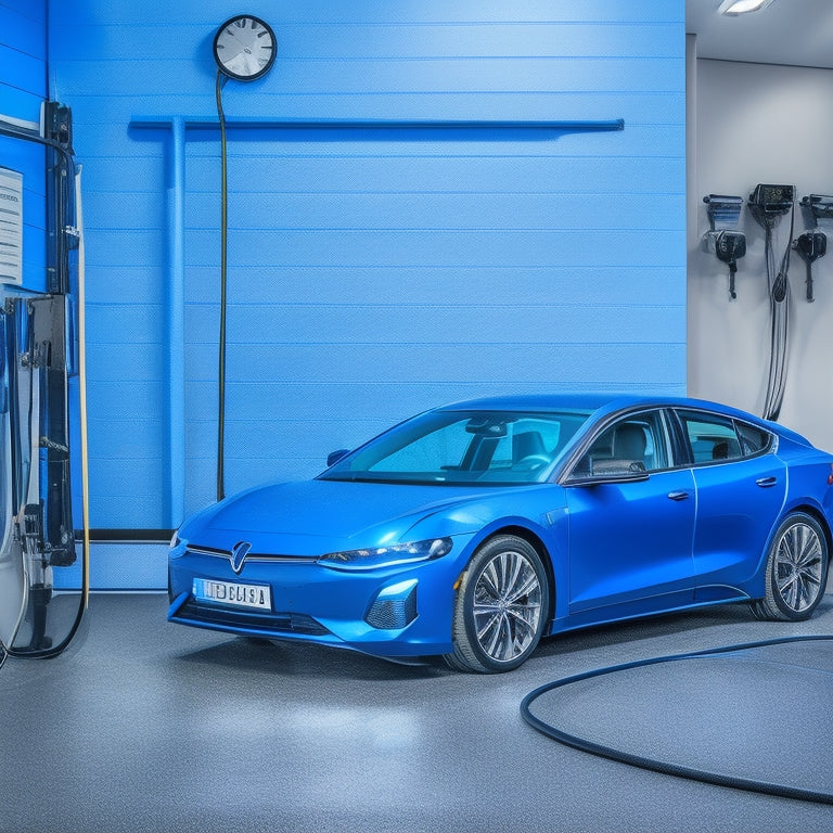 A bright blue electric vehicle parked in a modern garage, with a sleek, silver charging station on the wall, surrounded by gleaming tools and subtle electric circuit patterns in the background.