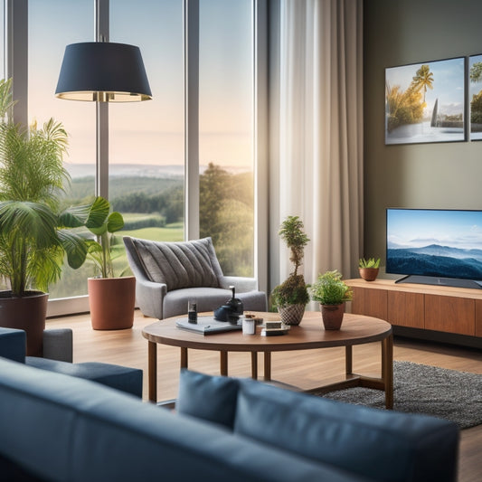 A modern living room with multiple devices plugged into smart plugs, displaying real-time energy usage on a large tablet screen, surrounded by greenery and a subtle cityscape background.