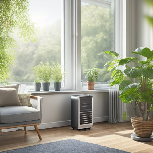 A serene living room with a sleek air purifier in the corner, powered by a small solar panel on the windowsill, surrounded by lush green plants and a subtle hint of sunlight.