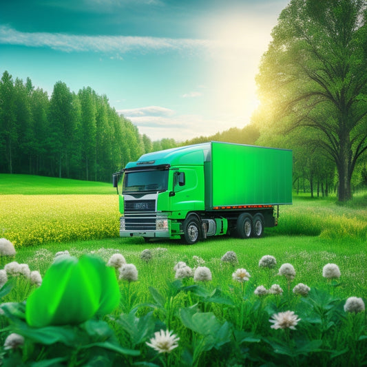 An illustration of a green truck amidst lush greenery, with solar panels on its roof, a wind turbine in the background, and a subtle haze of leaves and flowers surrounding the vehicle.