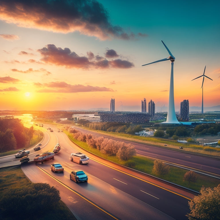 A futuristic cityscape at dusk with sleek, aerodynamic electric vehicles zipping by, surrounded by vibrant greenery and wind turbines, with a warm, glowing sunset in the background.