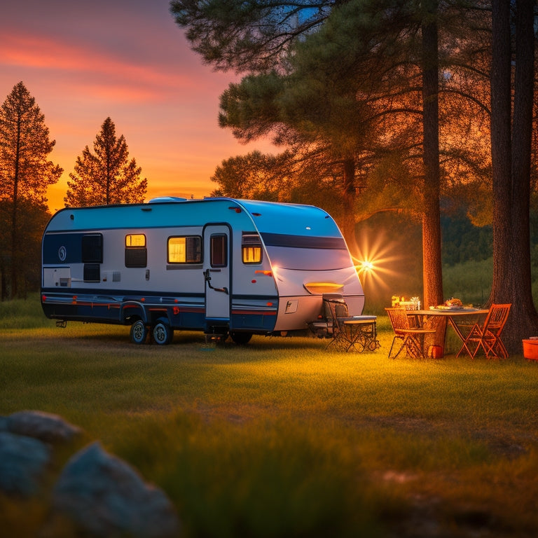 A serene campsite at dusk with a parked RV, its interior lights glowing, powered by a compact inverter kit visible on the exterior wall, surrounded by lush greenery and a subtle sunset glow.